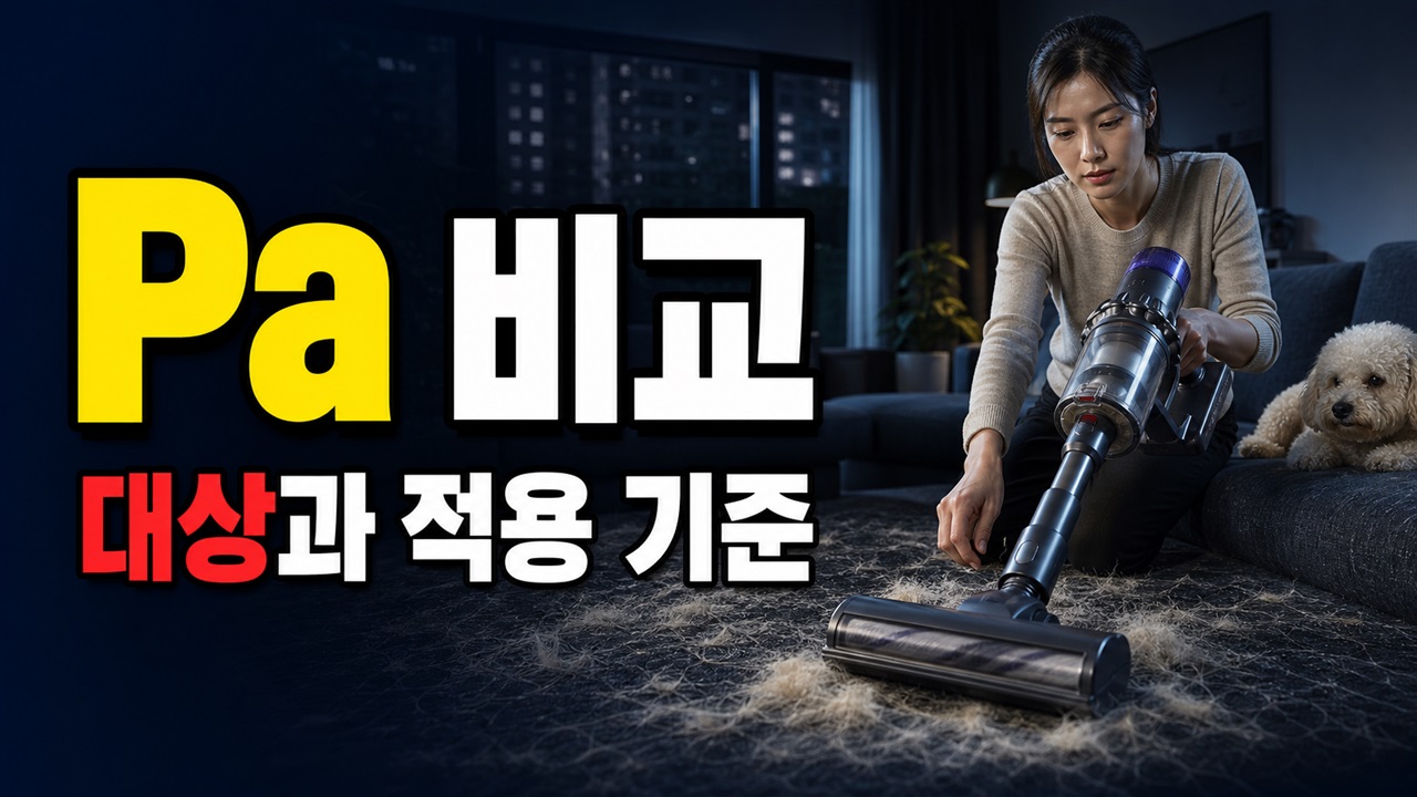 흡입력 200W와 12000Pa 비교 전, 강아지 털 청소기 수치에서 빠진 조건 관련 핵심 정보를 상징적으로 보여주는 썸네일 이미지