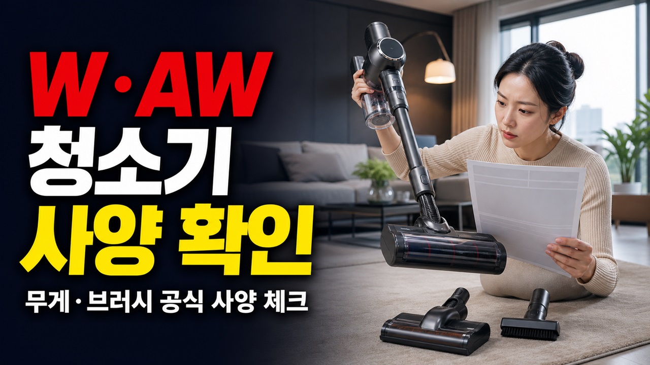 구매 직전 무엇을 볼까—W·AW 무선청소기 무게·브러시·공식 사양 체크리스트 관련 핵심 정보를 상징적으로 보여주는 썸네일 이미지